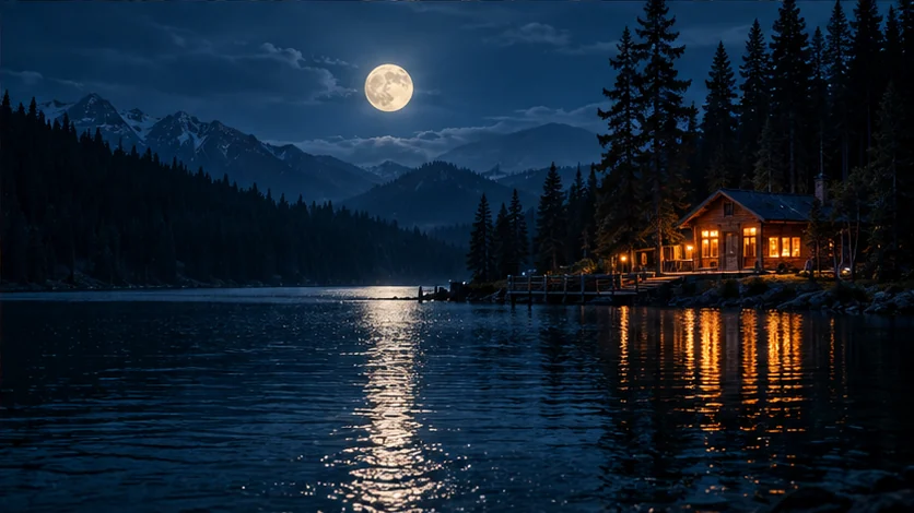 Moonlight over a pine-lined lake and warm cabin