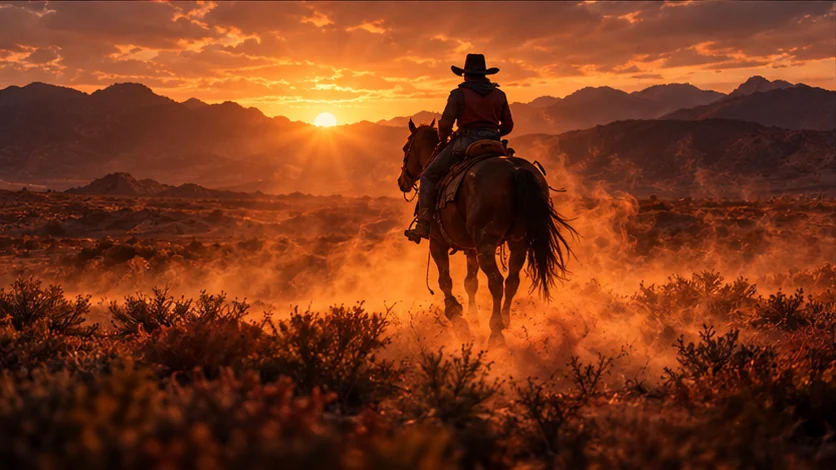 Horseback rider in the desert at sunset
