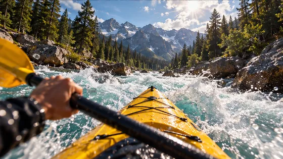 Yellow kayak moving through whitewater beneath mountains