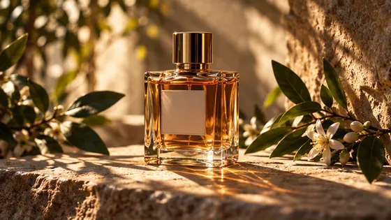 Amber perfume bottle among green leaves in afternoon light