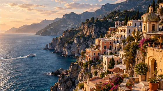 Sunlit Mediterranean village above a blue sea